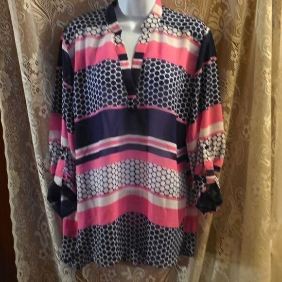 Tacera Women's L Navy White Polka Dor Pink Stripe Adjustable Sleeve Pullover Top - Picture 1 of 11